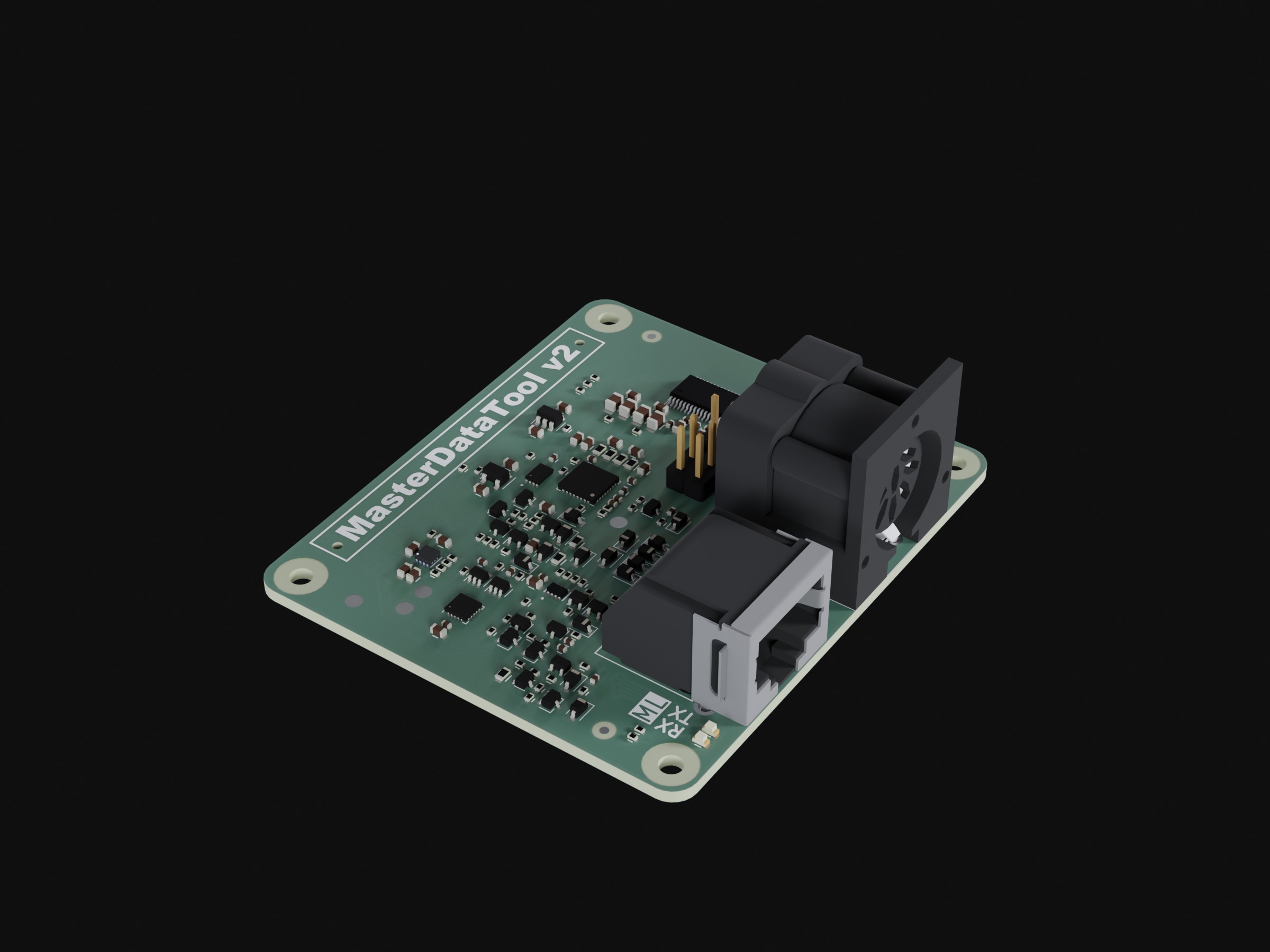 MasterDataTool MDTv2 — 3D-rendered preview of the PCB showing the RJ45 and DIN connectors